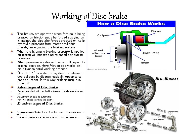 Working of Disc brake The brakes are operated when friction is being created on Working of Disc brake The brakes are operated when friction is being created on