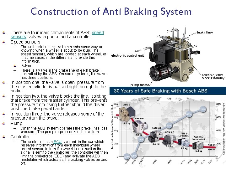 Construction of Anti Braking System There are four main components of ABS: speed sensors,