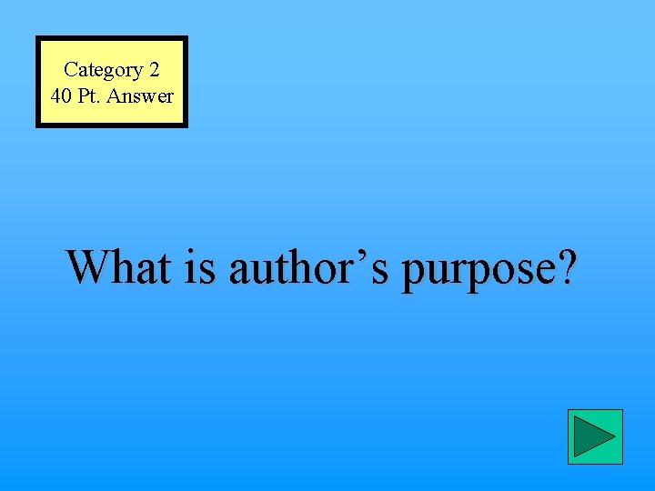 Category 2 40 Pt. Answer What is author’s purpose? 