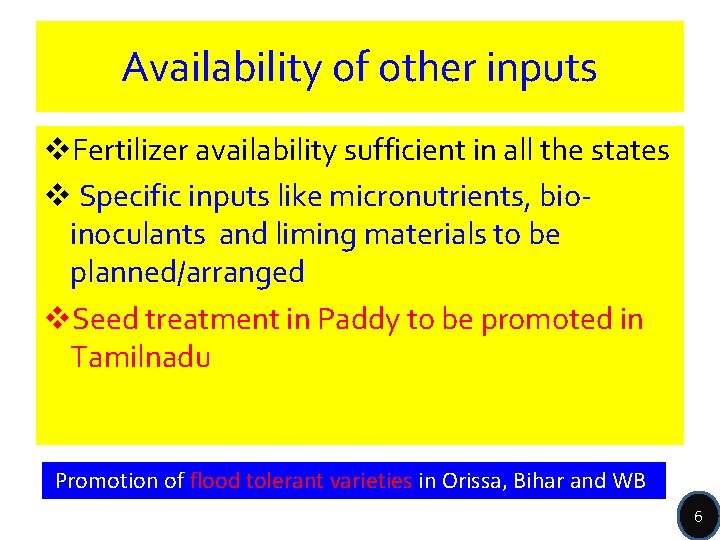 Availability of other inputs v. Fertilizer availability sufficient in all the states v Specific