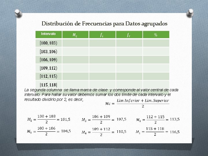 Distribución de Frecuencias para Datos agrupados Intervalo La segunda columna se llama marca de