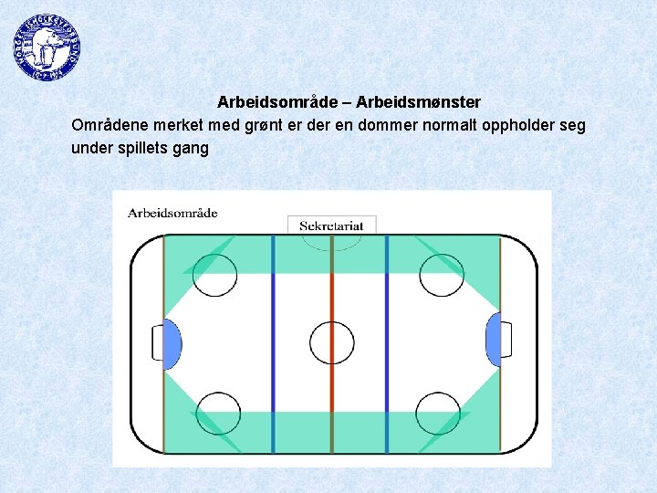 Arbeidsområde – Arbeidsmønster Områdene merket med grønt er der en dommer normalt oppholder seg