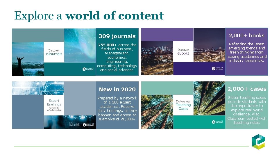 Explore a world of content 309 journals 2, 000+ books 255, 000+ across the