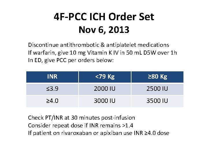 4 F-PCC ICH Order Set Nov 6, 2013 Discontinue antithrombotic & antiplatelet medications If