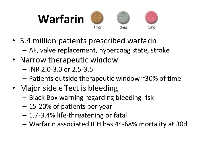 Warfarin • 3. 4 million patients prescribed warfarin – AF, valve replacement, hypercoag state,