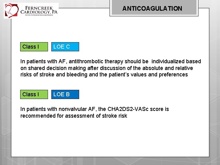 ANTICOAGULATION Class I LOE C In patients with AF, antithrombotic therapy should be individualized
