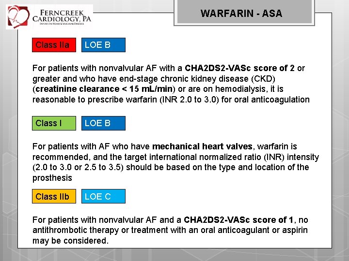 WARFARIN - ASA Class IIa LOE B For patients with nonvalvular AF with a