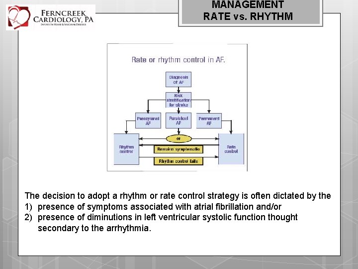 MANAGEMENT RATE vs. RHYTHM The decision to adopt a rhythm or rate control strategy