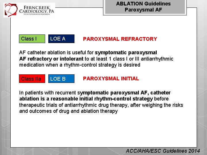 ABLATION Guidelines Paroxysmal AF Class I LOE A PAROXYSMAL REFRACTORY AF catheter ablation is