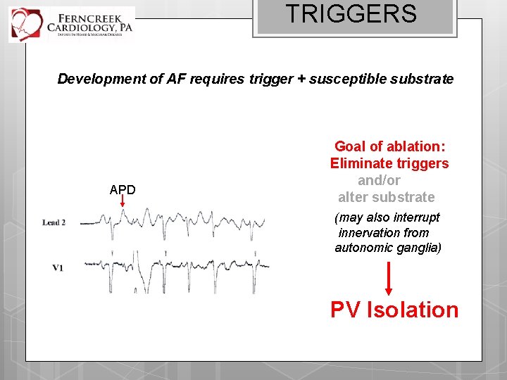 TRIGGERS Development of AF requires trigger + susceptible substrate APD Goal of ablation: Eliminate