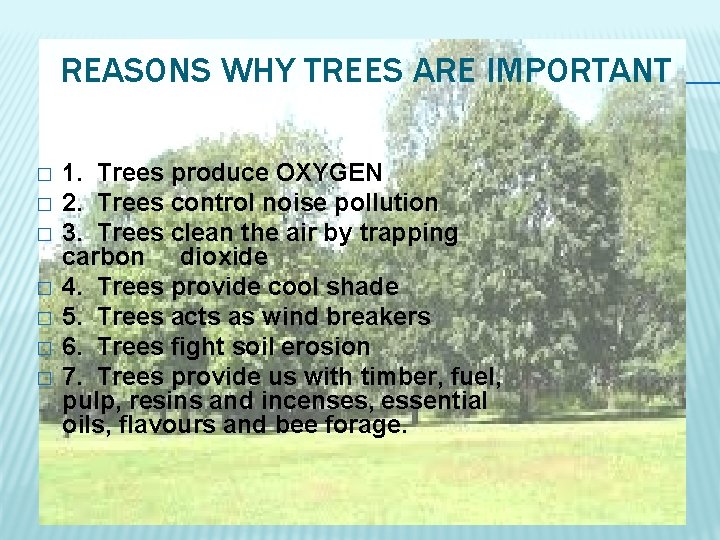 REASONS WHY TREES ARE IMPORTANT � � � � 1. Trees produce OXYGEN 2.