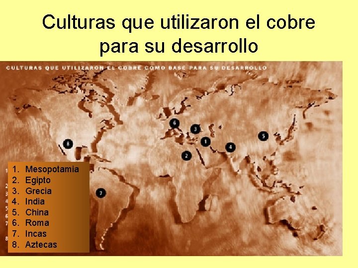 Culturas que utilizaron el cobre para su desarrollo 1. 2. 3. 4. 5. 6.