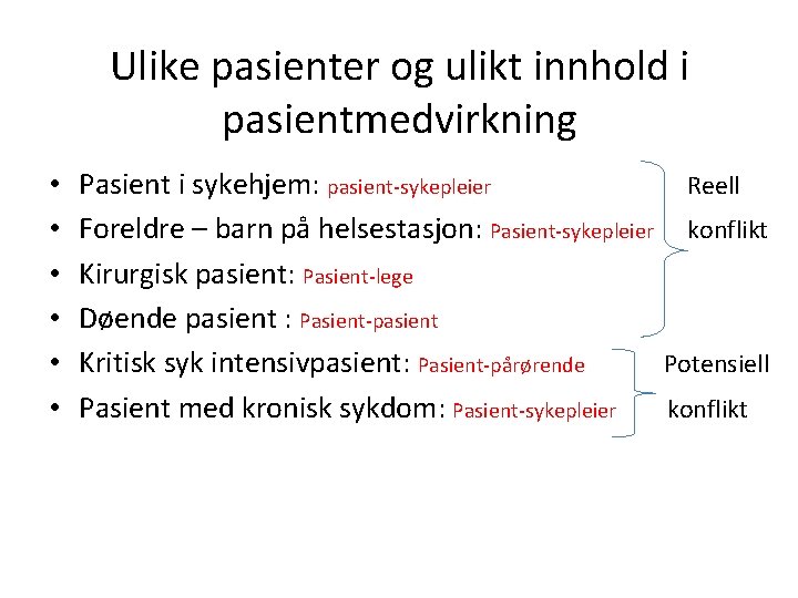 Ulike pasienter og ulikt innhold i pasientmedvirkning • • • Pasient i sykehjem: pasient-sykepleier