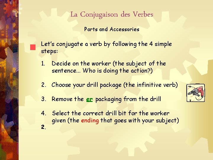 La Conjugaison des Verbes Parts and Accessories Let’s conjugate a verb by following the