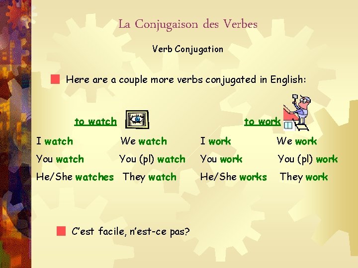 La Conjugaison des Verb Conjugation Here a couple more verbs conjugated in English: to