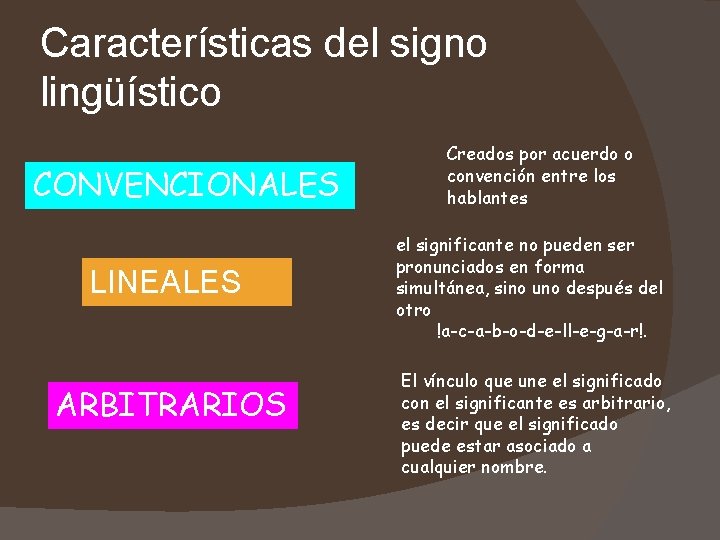 Características del signo lingüístico CONVENCIONALES LINEALES ARBITRARIOS Creados por acuerdo o convención entre los