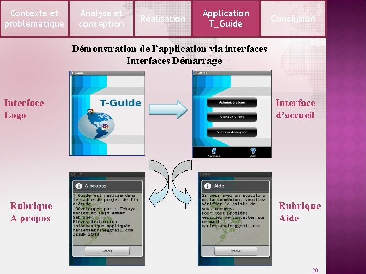 Contexte et problématique Analyse et conception Réalisation Application T_Guide Conclusion Démonstration de l’application via