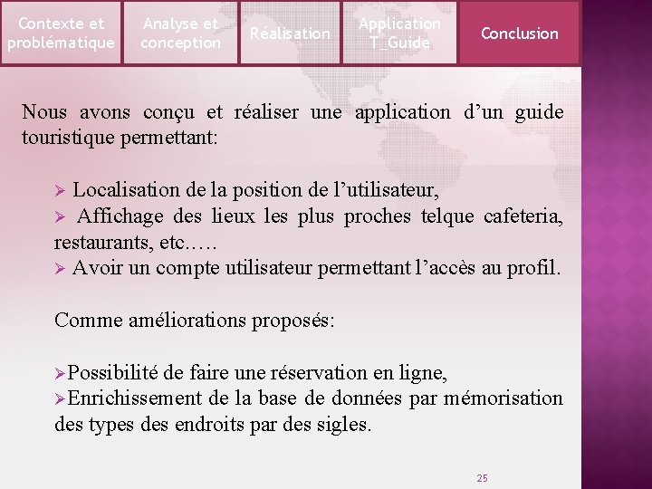 Contexte et problématique Analyse et conception Réalisation Application T_Guide Conclusion Nous avons conçu et