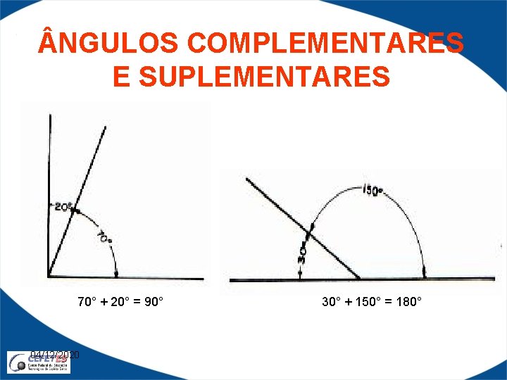  NGULOS COMPLEMENTARES E SUPLEMENTARES 70° + 20° = 90° 04/12/2020 30° + 150°