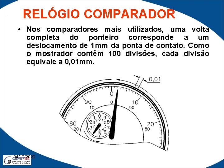 RELÓGIO COMPARADOR • Nos comparadores mais utilizados, uma volta completa do ponteiro corresponde a