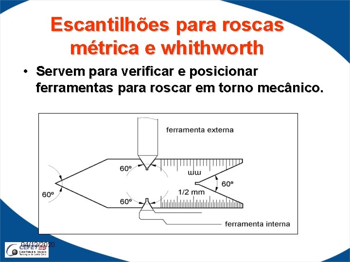 Escantilhões para roscas métrica e whithworth • Servem para verificar e posicionar ferramentas para