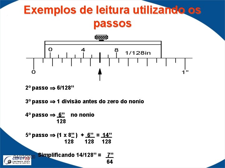 Exemplos de leitura utilizando os passos 2º passo 6/128” 3º passo 1 divisão antes