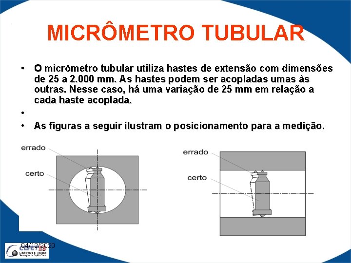 MICRÔMETRO TUBULAR • O micrômetro tubular utiliza hastes de extensão com dimensões de 25