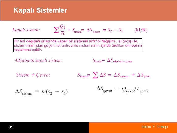 Kapalı Sistemler 31 Bölüm 7: Entropi 