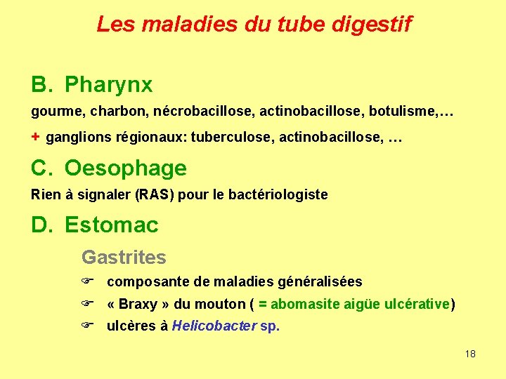 Les maladies du tube digestif B. Pharynx gourme, charbon, nécrobacillose, actinobacillose, botulisme, … +