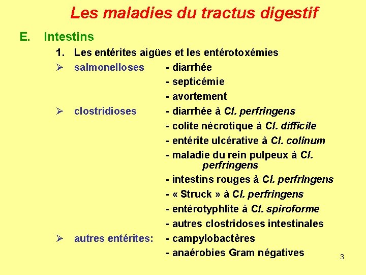 Les maladies du tractus digestif E. Intestins 1. Les entérites aigües et les entérotoxémies