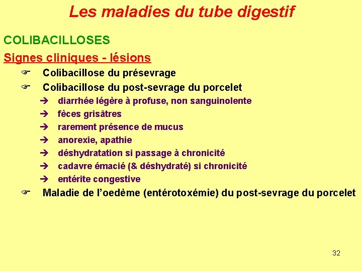 Les maladies du tube digestif COLIBACILLOSES Signes cliniques - lésions F F Colibacillose du