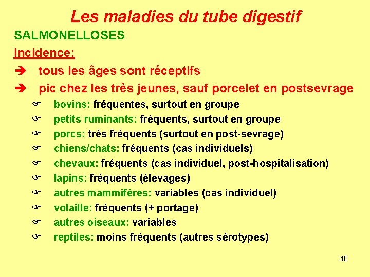 Les maladies du tube digestif SALMONELLOSES Incidence: è tous les âges sont réceptifs è