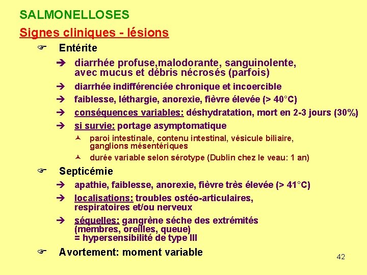 SALMONELLOSES Signes cliniques - lésions F Entérite è diarrhée profuse, malodorante, sanguinolente, avec mucus