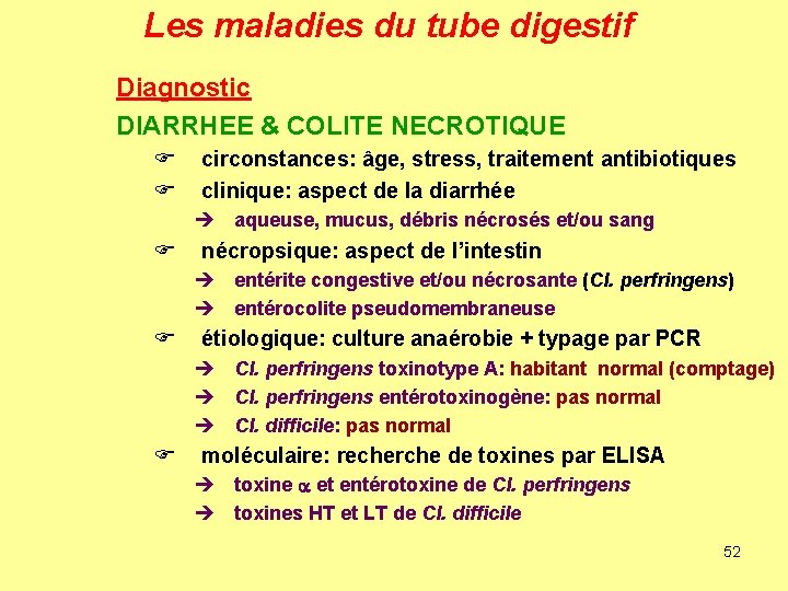 Les maladies du tube digestif Diagnostic DIARRHEE & COLITE NECROTIQUE F F circonstances: âge,