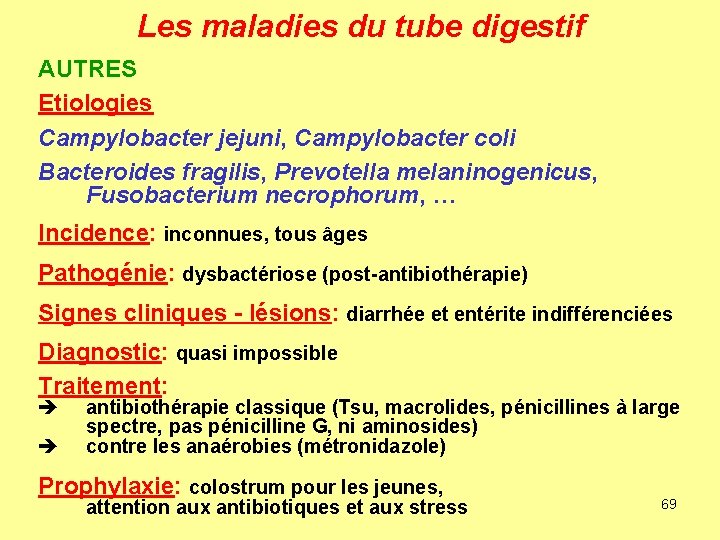 Les maladies du tube digestif AUTRES Etiologies Campylobacter jejuni, Campylobacter coli Bacteroides fragilis, Prevotella