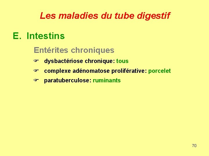 Les maladies du tube digestif E. Intestins Entérites chroniques F dysbactériose chronique: tous F