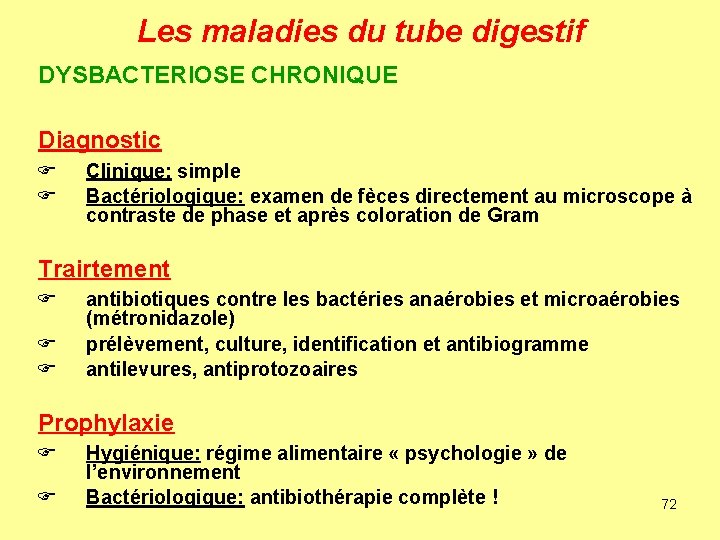 Les maladies du tube digestif DYSBACTERIOSE CHRONIQUE Diagnostic F F Clinique: simple Bactériologique: examen