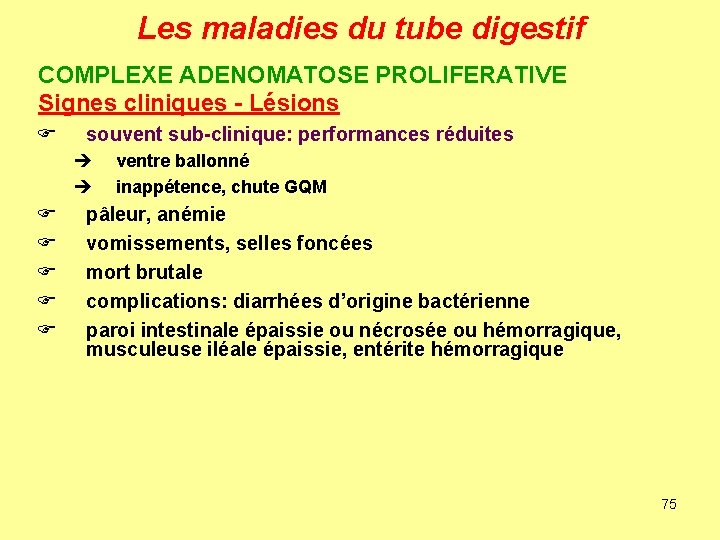 Les maladies du tube digestif COMPLEXE ADENOMATOSE PROLIFERATIVE Signes cliniques - Lésions F souvent