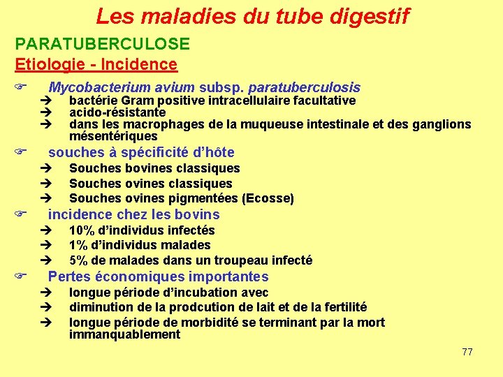 Les maladies du tube digestif PARATUBERCULOSE Etiologie - Incidence F F Mycobacterium avium subsp.