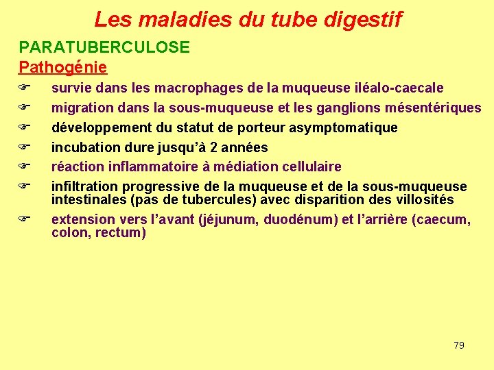 Les maladies du tube digestif PARATUBERCULOSE Pathogénie F F F F survie dans les