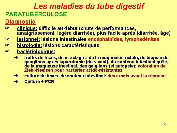 Les maladies du tube digestif PARATUBERCULOSE Diagnostic F F clinique: difficile au début (chute