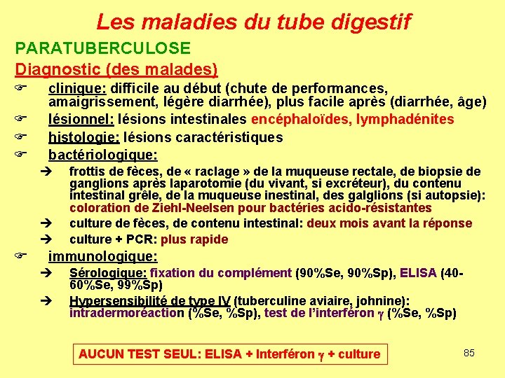 Les maladies du tube digestif PARATUBERCULOSE Diagnostic (des malades) F F clinique: difficile au