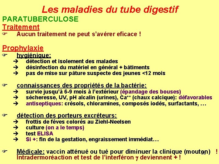 Les maladies du tube digestif PARATUBERCULOSE Traitement F Aucun traitement ne peut s’avérer eficace