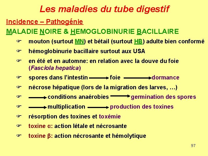 Les maladies du tube digestif Incidence – Pathogénie MALADIE NOIRE & HEMOGLOBINURIE BACILLAIRE F