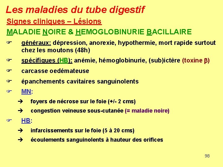 Les maladies du tube digestif Signes cliniques – Lésions MALADIE NOIRE & HEMOGLOBINURIE BACILLAIRE