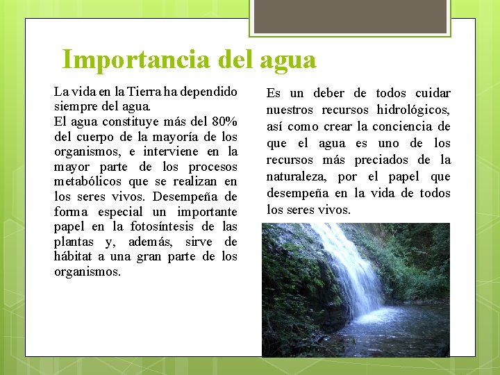 Importancia del agua La vida en la Tierra ha dependido siempre del agua. El