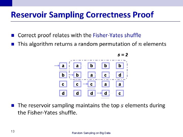 Reservoir Sampling Correctness Proof n s=2 13 a a b b b a c