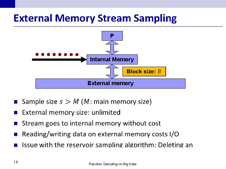 External Memory Stream Sampling P Internal Memory External memory n 14 Random Sampling on