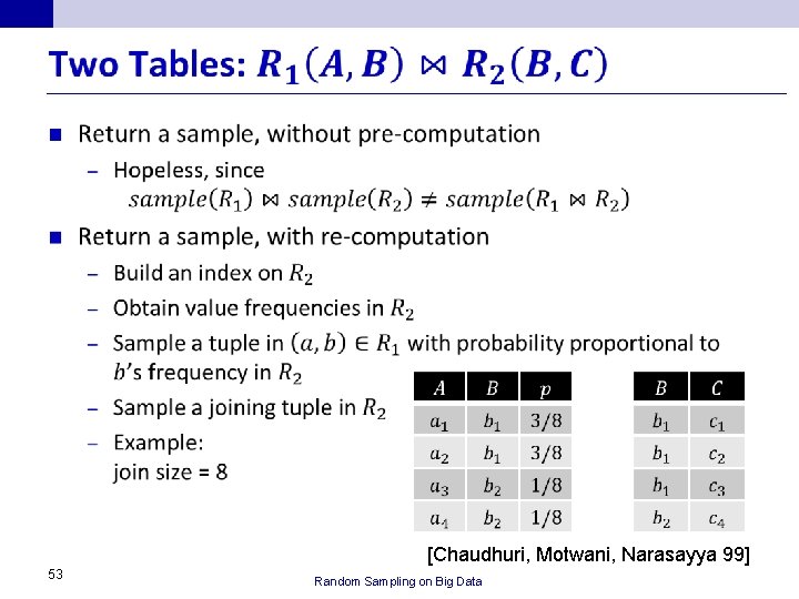  n [Chaudhuri, Motwani, Narasayya 99] 53 Random Sampling on Big Data 