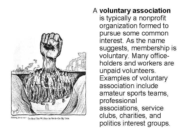 A voluntary association is typically a nonprofit organization formed to pursue some common interest.